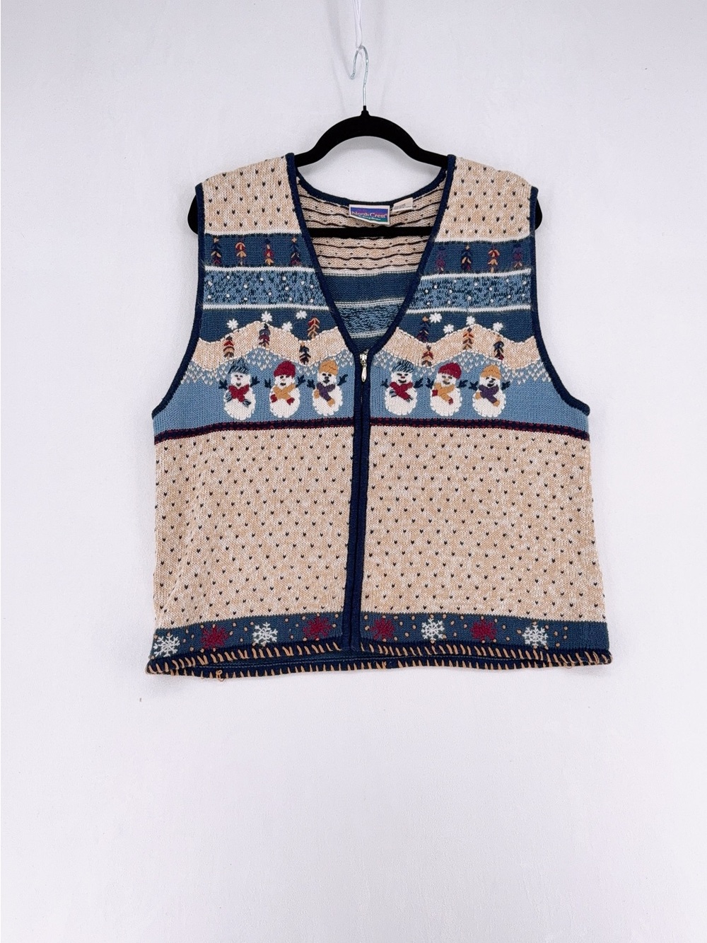 North Crest Vintage Christmas Snowman Sweater Vest Size L Knit Zipper Holiday